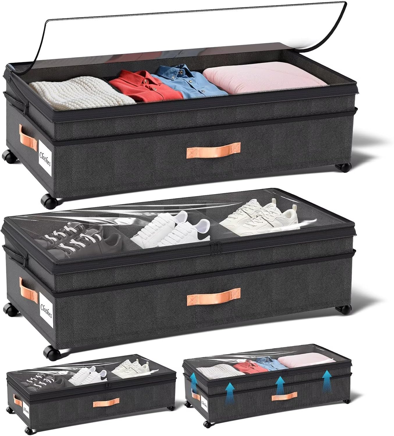 Under Bed Storage with Wheels, 2 Pack XXL Rolling Storage Containers, 10'' Adjustable Underbed Organizer with Lids for Clothes Blankets Shoes, Black