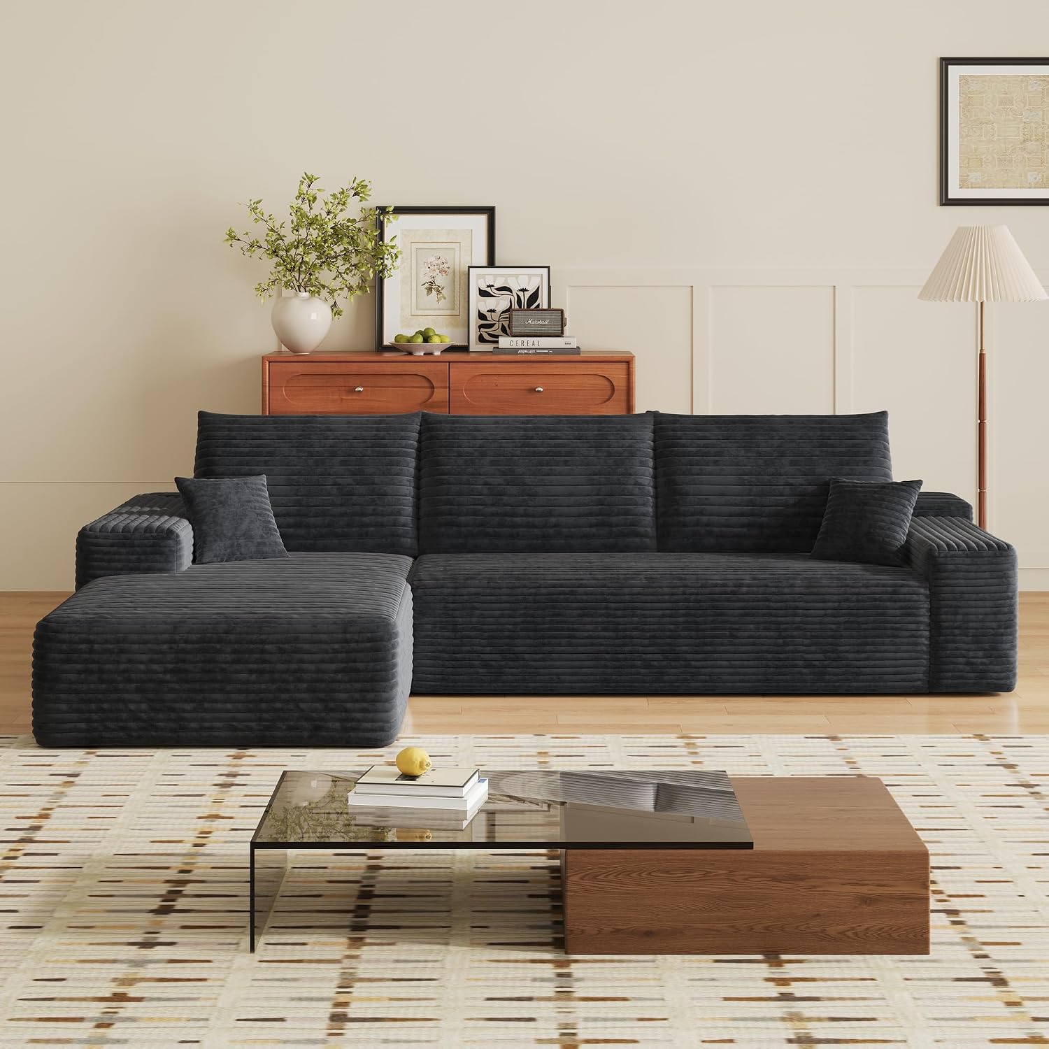 107" Boneless Couch with L Shaped Chaise, Plush Corduroy Sleeper Sectional Sofa, Deep Seat Comfy Couches for Living Room Bedroom, Compressed Foam Cloud Sofas, No Assembly, Left Facing Chaise, Black
