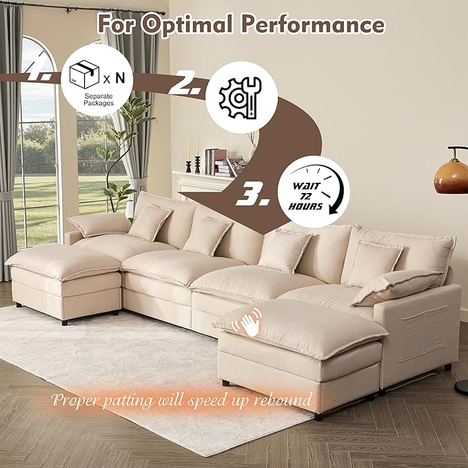 142.5" U Shaped Couch, Modular Sectional Sofa, 3-Seater Comfy Cloud Couch, Set of Modular Pieces with Movable Ottoman, Deep Seat Couches for Living Room, Linen, Beige