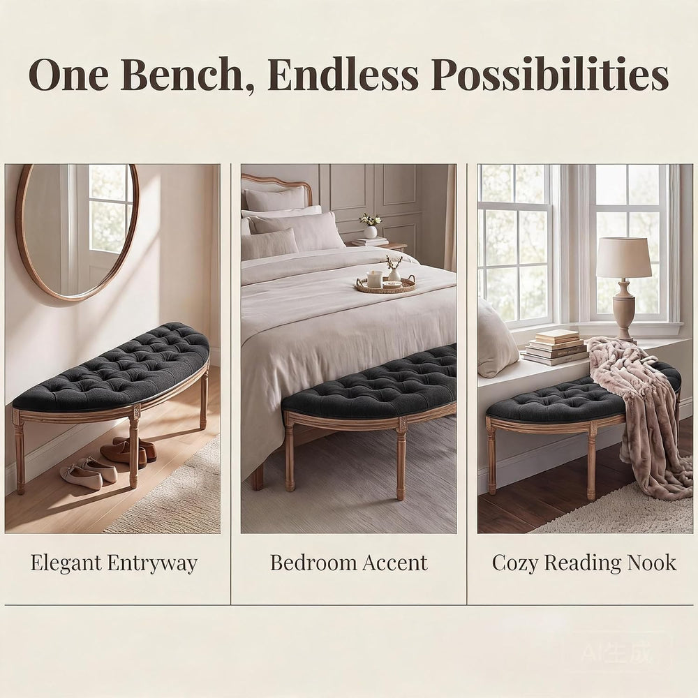 chairus 55" Button Tufted Semi-Circle Dining Bench Linen Halfmoon Entryw...