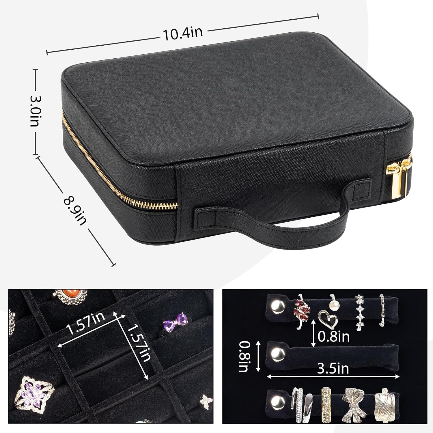 Large Capacity Ring Organizer Case for 90+ Rings & Jewelry Display | Black Cross-Grain Leather, Plush Velvet Lining, Shockproof, for Ring Collectors Jewelry Vendors Travel Home Display, Box Only