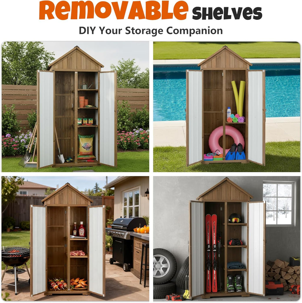 Outdoor Storage Cabinet with Shelves, Wood & Metal Storage Shed with Weatherproof Roof, 3 Removable Shelves, Double Lockable Doors, Adjustable Feet, Outside Storage Cabinet for Garage,Backyard, Patio