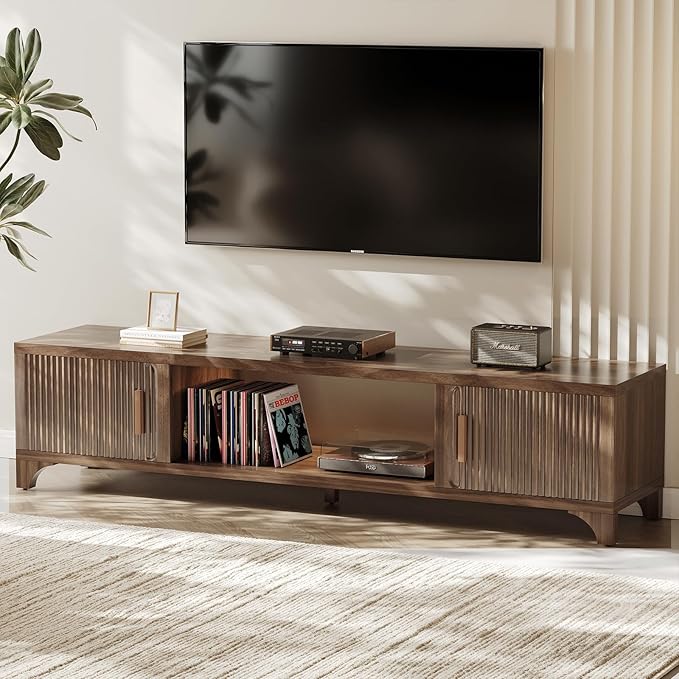 Mid Century Modern TV Stands for 65/70/75 Inch TV, Boho Media Console for Living Room, Fluted TV Entertainment Center with Storage, Wood Television Cabinet for Bedroom