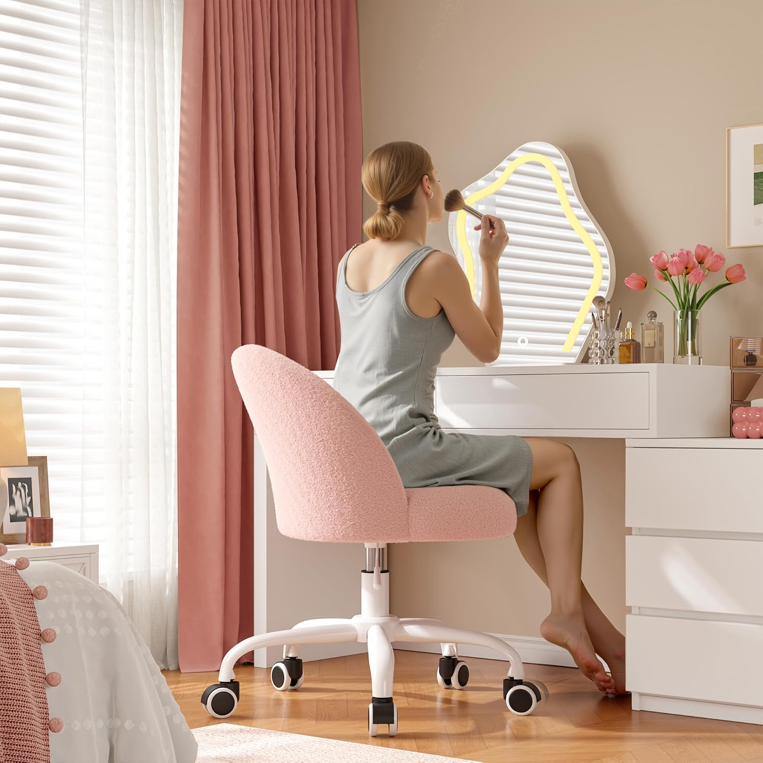 DurayLoly Vanity Chair with Wheels, Cute Desk Chair with Back, Armless Chair with Height Adjustable & 360° Swivel, Soft Lumbar Support for Small Space, Bedroom, Gentle Pink