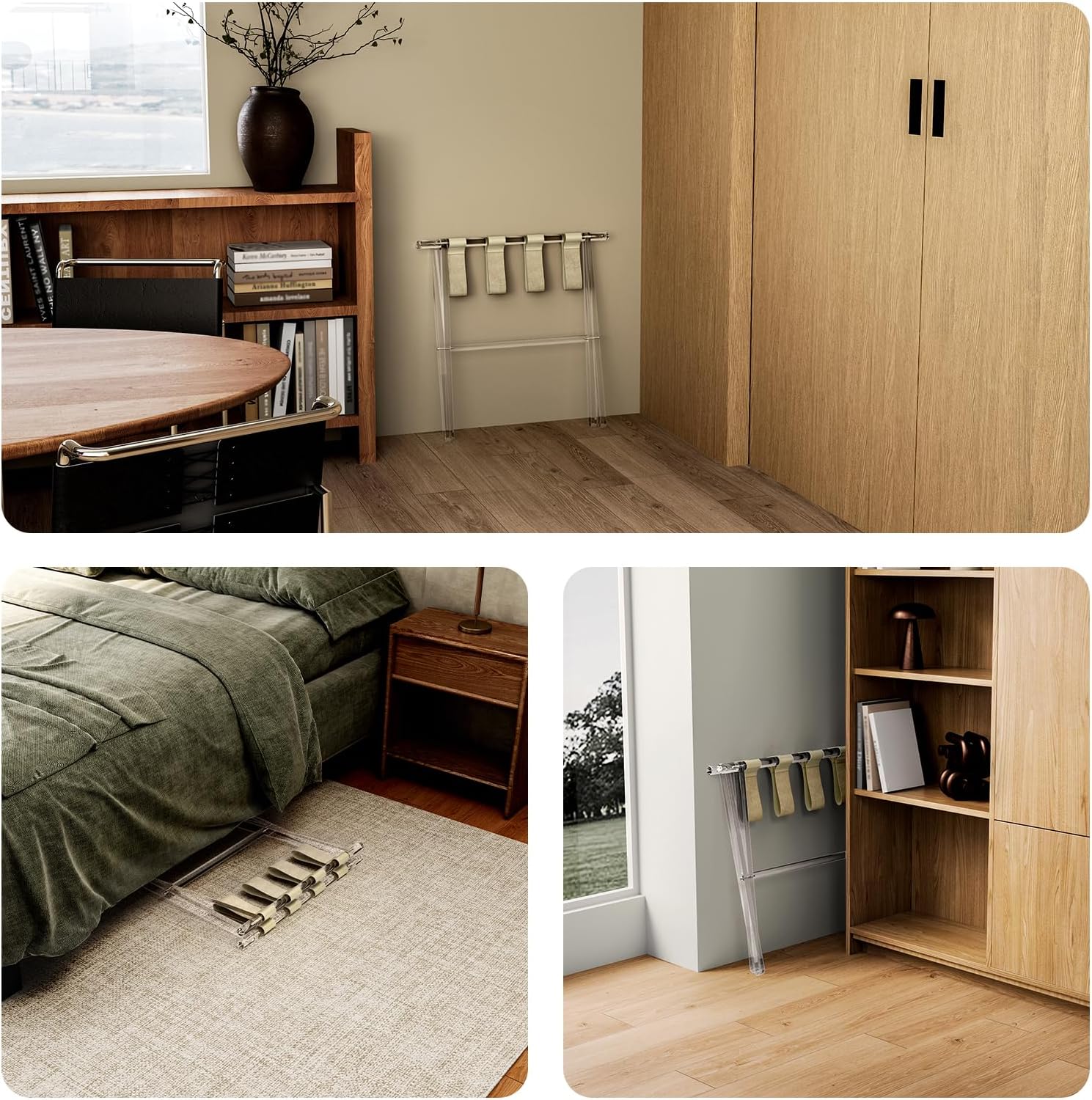 Sumerflos Acrylic Luggage Rack for Guest Room - Foldable Suitcase Stand with Leather Straps for Bedroom Living Room Hotel Heavy-Duty, Holds up to 50-100 lb lightweight Space Saving, Beige, 1 Pack