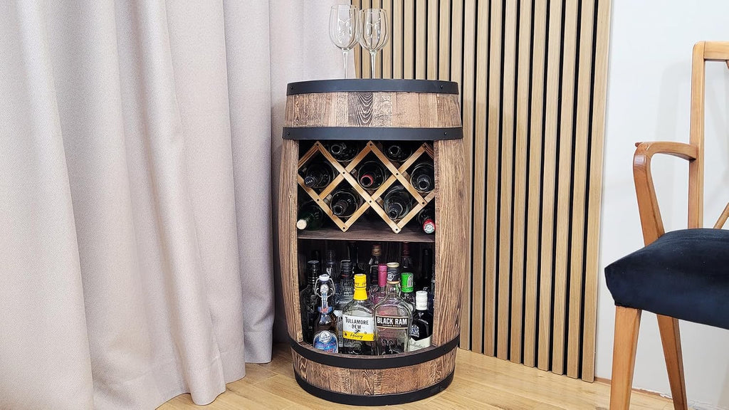 Fassbar L.E.D. with Wine Holder Wine Rack - Wooden Barrel Home Bar 80 cm Rustic Decorative Bar Cabinet Wine Stand - Barrel Beer Wine Bottle Stand - Bar Whisky Gift (Dark Brown)