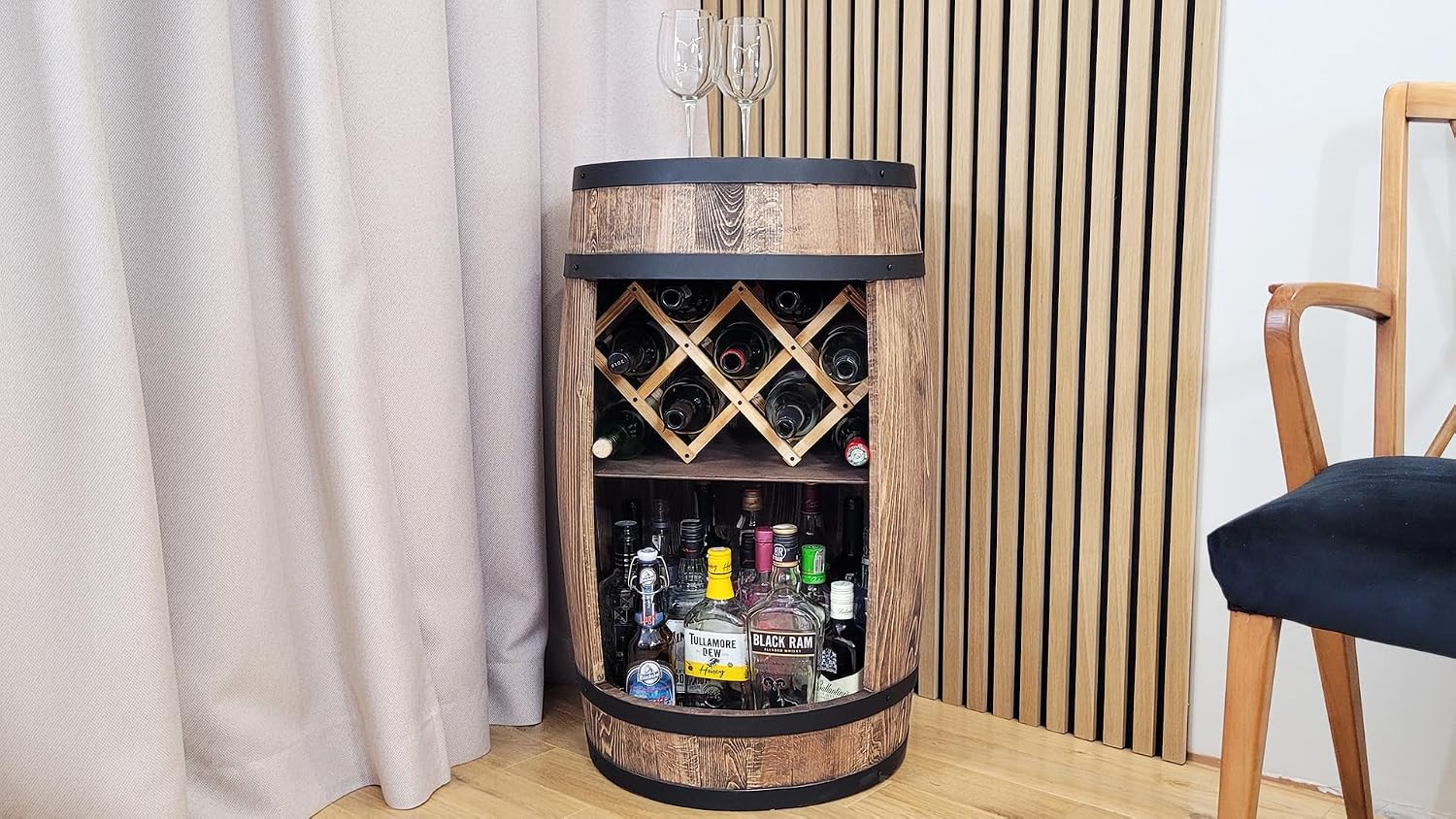 Fassbar L.E.D. with Wine Holder Wine Rack - Wooden Barrel Home Bar 80 cm Rustic Decorative Bar Cabinet Wine Stand - Barrel Beer Wine Bottle Stand - Bar Whisky Gift (Dark Brown)