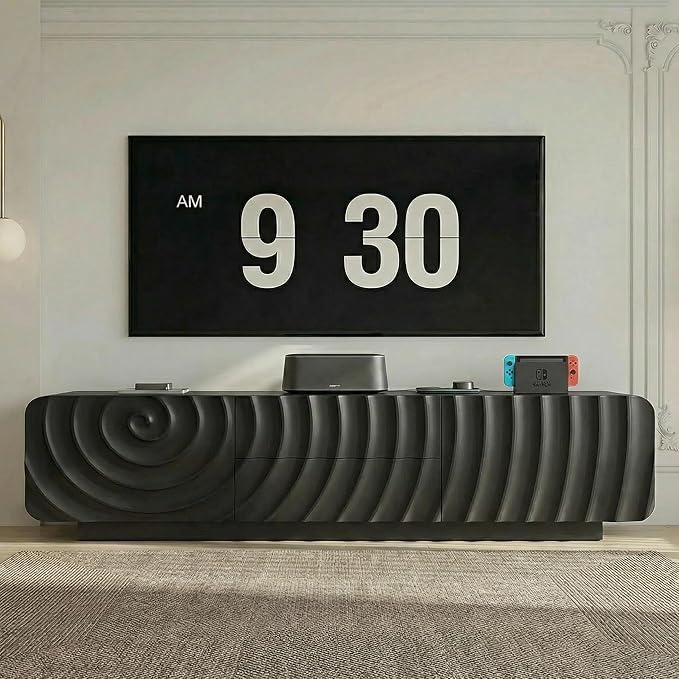 58'' Modern Spiral Wave TV Stand for 65 Inch TV, Media Console with Storage Cabinet & 2 Drawers, Rounded Corner Entertainment Center for Living Room Bedroom (Black)