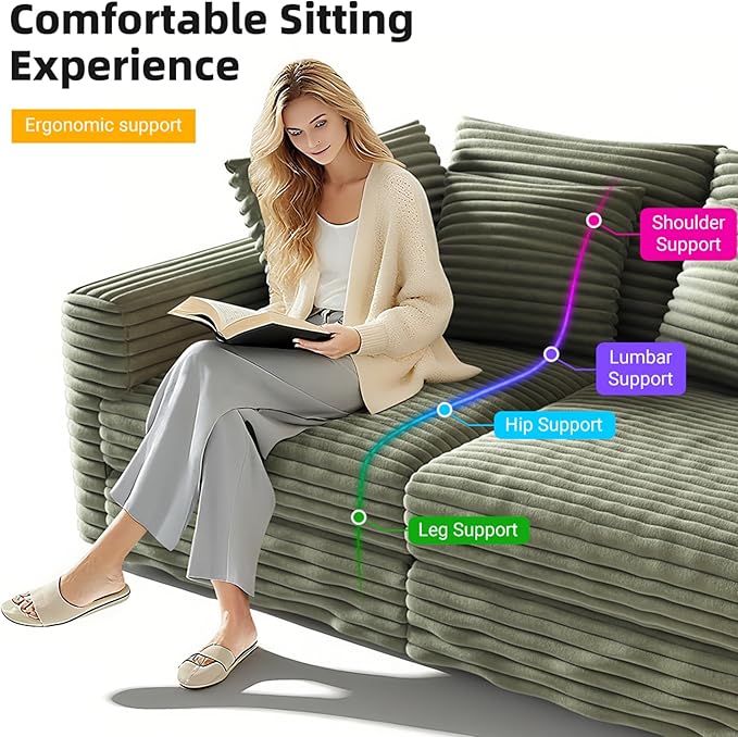 KEIKI 102.4" Sectional Couches, Modern Comfy Upholstered Sofa Cloud Couch, Deep Seat 4 Seat Sofa Set with Soft Pillows and Movable Ottoman for Living Room, Apartment, Office, Green