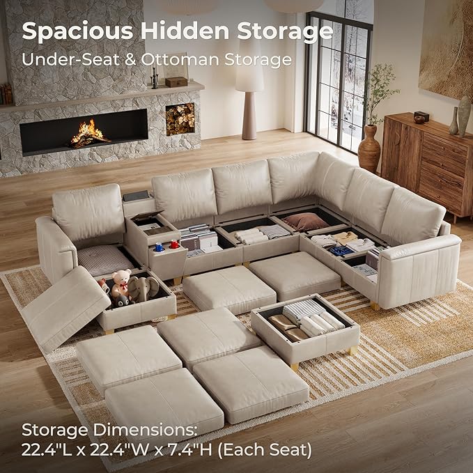SITJOY 132" Faux Leather Modular Sectional Sofa with Storage, Mid Century Modern Sectional Couches for Living Room, 8 Seat V Shaped Couch with Ottoman and Console Table, Hidden Cupholders, Greige