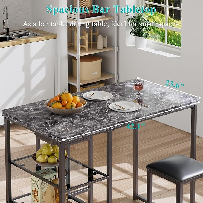 VECELO Small Bar Table and Chairs Set for 2, Upholstered Stools & Glass Storage Shelves, for Kitchen Dining Breakfast Nook, Space-Saving, Faux Marbled & Black