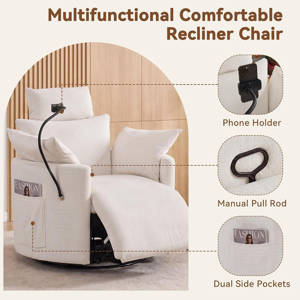 FOXHUNTER 360° Swivel Manual Nursery Rocking Glider Chairs, Chenille White | 30° Rocking Mode, with USB Charging Port and Phone Holder,Adjustable Headrest,2 Cushions, 2 Side Pockets, Footrest