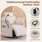 FOXHUNTER 360° Swivel Manual Nursery Rocking Glider Chairs, Chenille White | 30° Rocking Mode, with USB Charging Port and Phone Holder,Adjustable Headrest,2 Cushions, 2 Side Pockets, Footrest