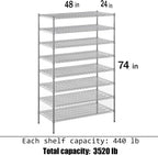 24" Deep x 48" Wide x 74" Height Wire Shelving Kit | 8-Tier | NSF Commercial Storage Rack Unit