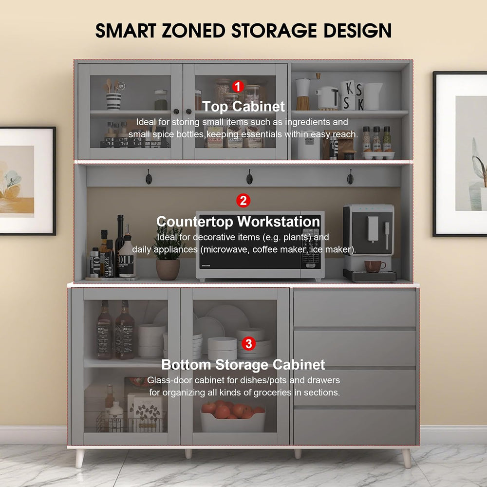 63" Large Kitchen Hutch Cabinet with 4 Doors, 4 Drawers and Microwave Sh...