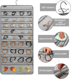 Dual-sided Hanging Jewelry Organizer Necklace Holder Jewelries Storage with 34 Zippered Pockets and 14 Dustproof Hook Loops (GREY)
