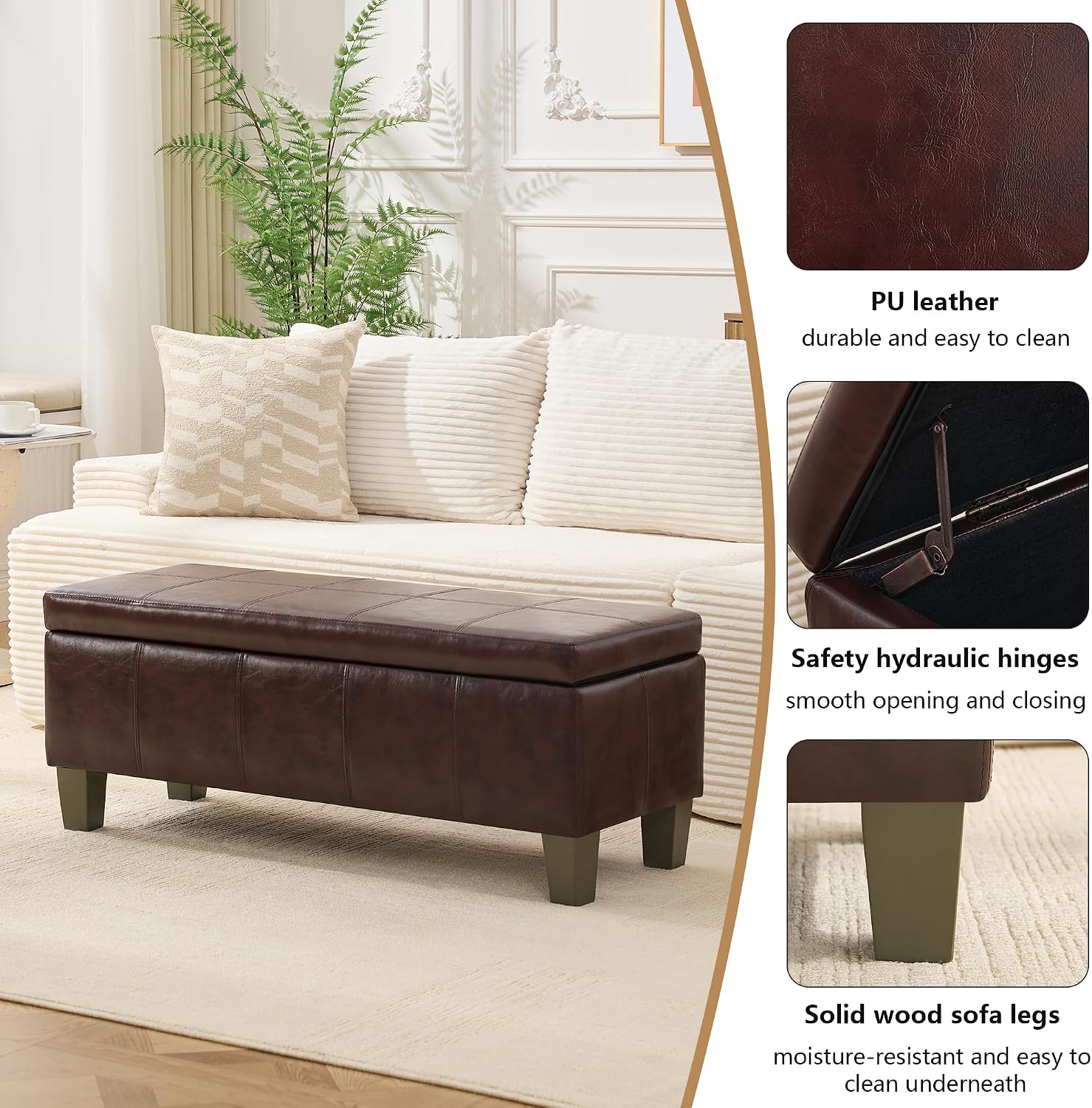41" Storage Ottoman, Storage Bench with Safety Hinge, Upholstered Synthetic Leather Ottoman Bench for Bedroom, Living Room, Entryway, Hallway, Foot Rest, Support 500lbs