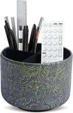 lizimandu Round Leather Art Supply Organizer,Remote Control Holder,360 Degree Spinning,Multi-Functional Pencil Holder,4 Compartments Desktop Stationary Organizer(1-Carved Metal Green2)