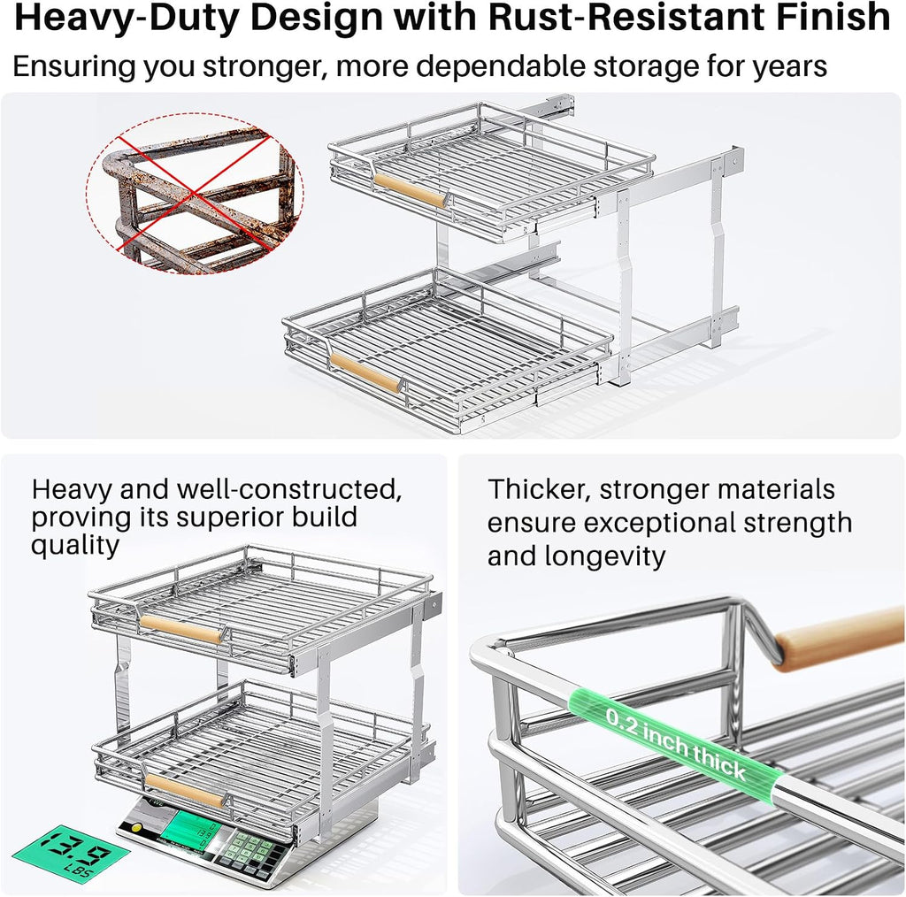 Pull out Cabinet Organizer, 2 Tiers 15"W X 21"D, Heavy Duty Smooth Sliding Under Cabinet Shelves for Pots and Pans, Full-Extension Roll out Drawers, Slide out Organization for Home Kitchen Pantry