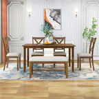 SogesPower 6-Piece Kitchen Dining Table Set for 4-6,Rectangular Dining Table with 4 Fabric Chairs & 1 Bench for Dining Room Living Room,Natural Cherry