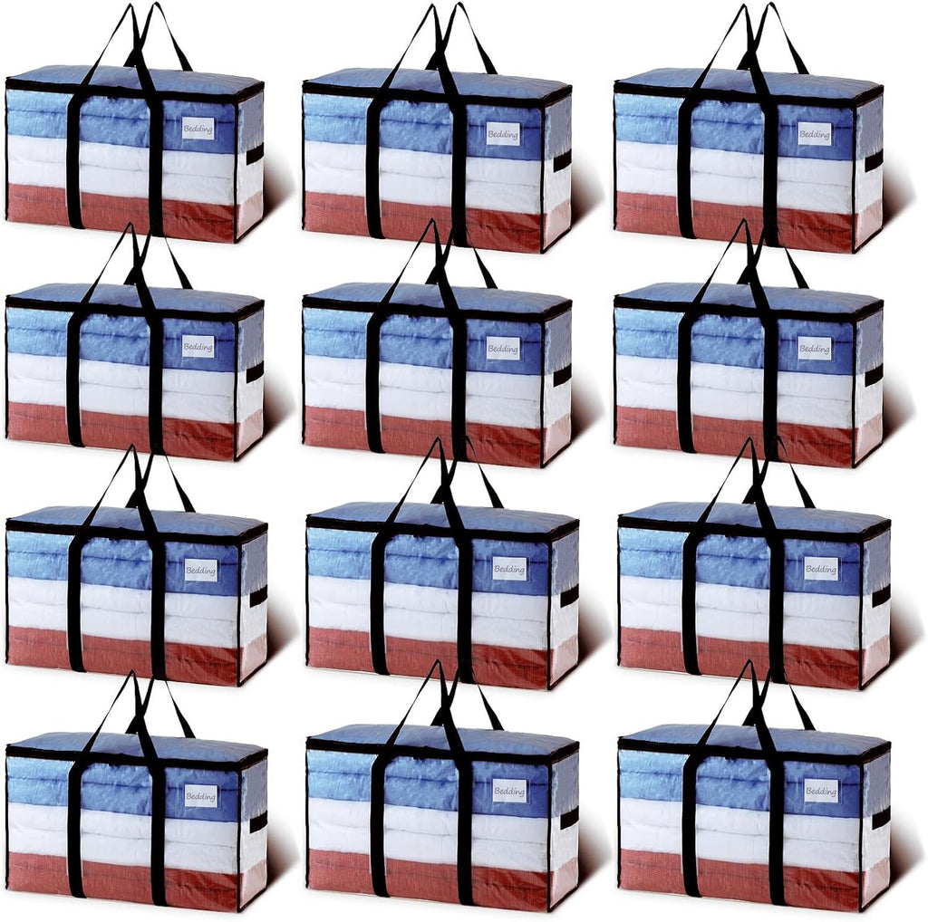 TAILI Extra Large Moving Bags, 12 Pack Clear Heavy Duty Totes for Storage with Visible Window, Wrap Around Handles, Storage Bags for Space Saving, Alternative to Moving Boxes