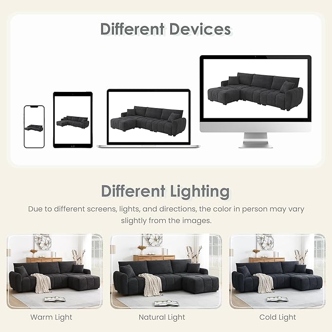 Ball & Cast Modular Sectional Sofa W/Movable Ottoman and 2 Lumbar Pillows,4 Seater L Shaped Couch W/Deep Seat,DIY Combination,Boucle Fabric Upholstered Sofa for Living Room,Apartment,Black+ Gray,110"