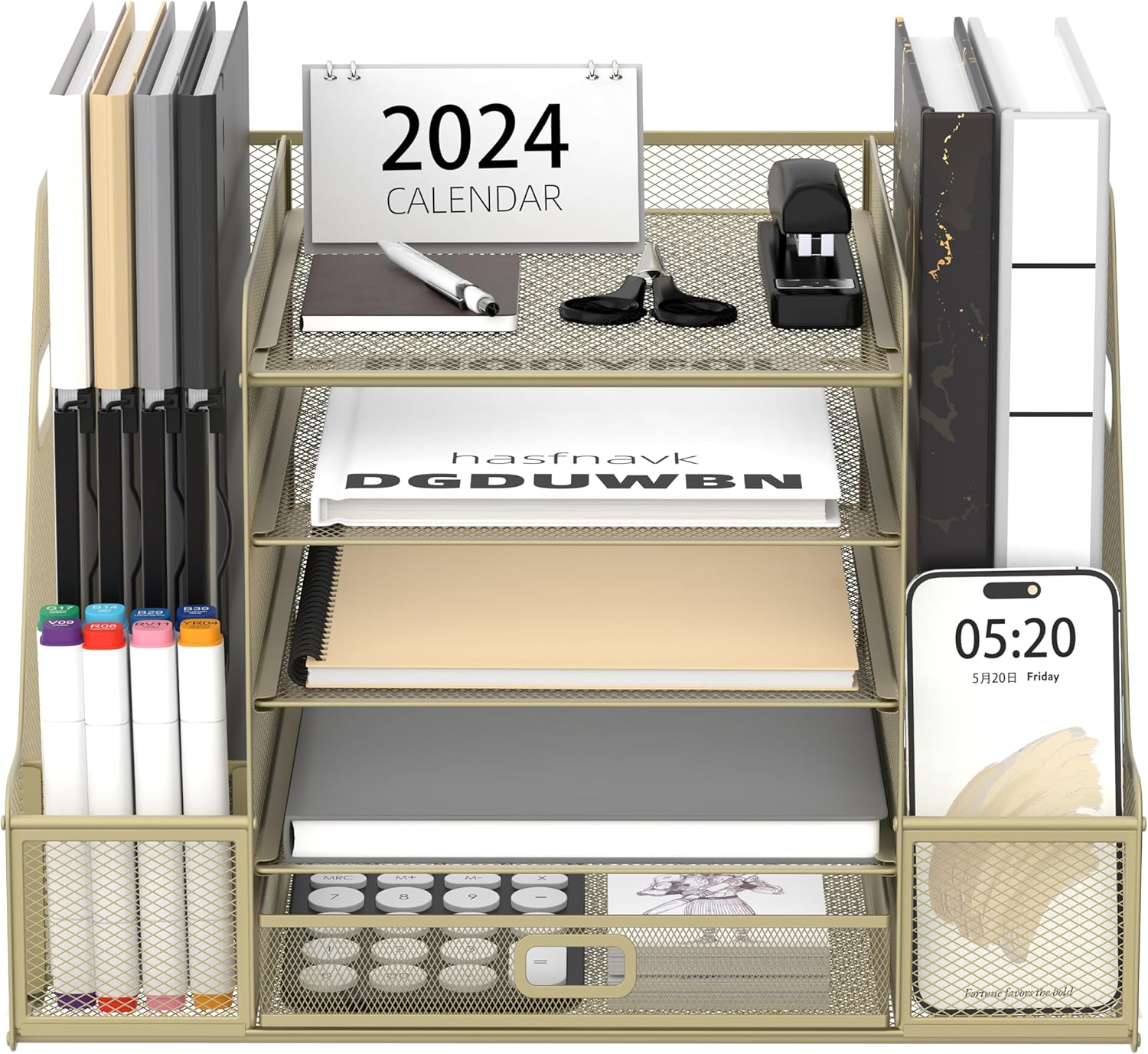 SUPEASY Mesh Desk Organizer with File Holder, 5-Tier Paper Letter Tray Organizer with Magazine Holder, Desktop Organizer and Storage with Drawer for Office Supplies Home or School, Yellow