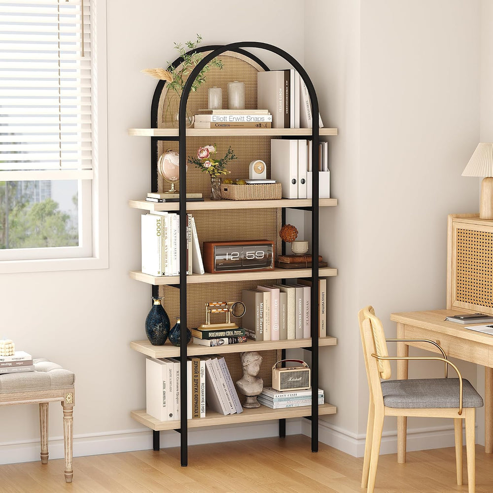 Yusong Bookshelf Rattan 5 Tier Arched Bookcase, 74" Tall Industrial Open...