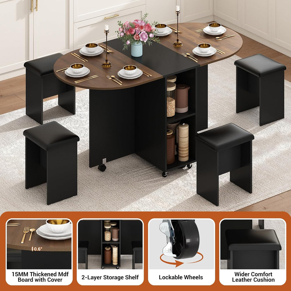 5 PCS Farmhouse Dining Table Set for 4,60" Large Round Folding Dining Ta...