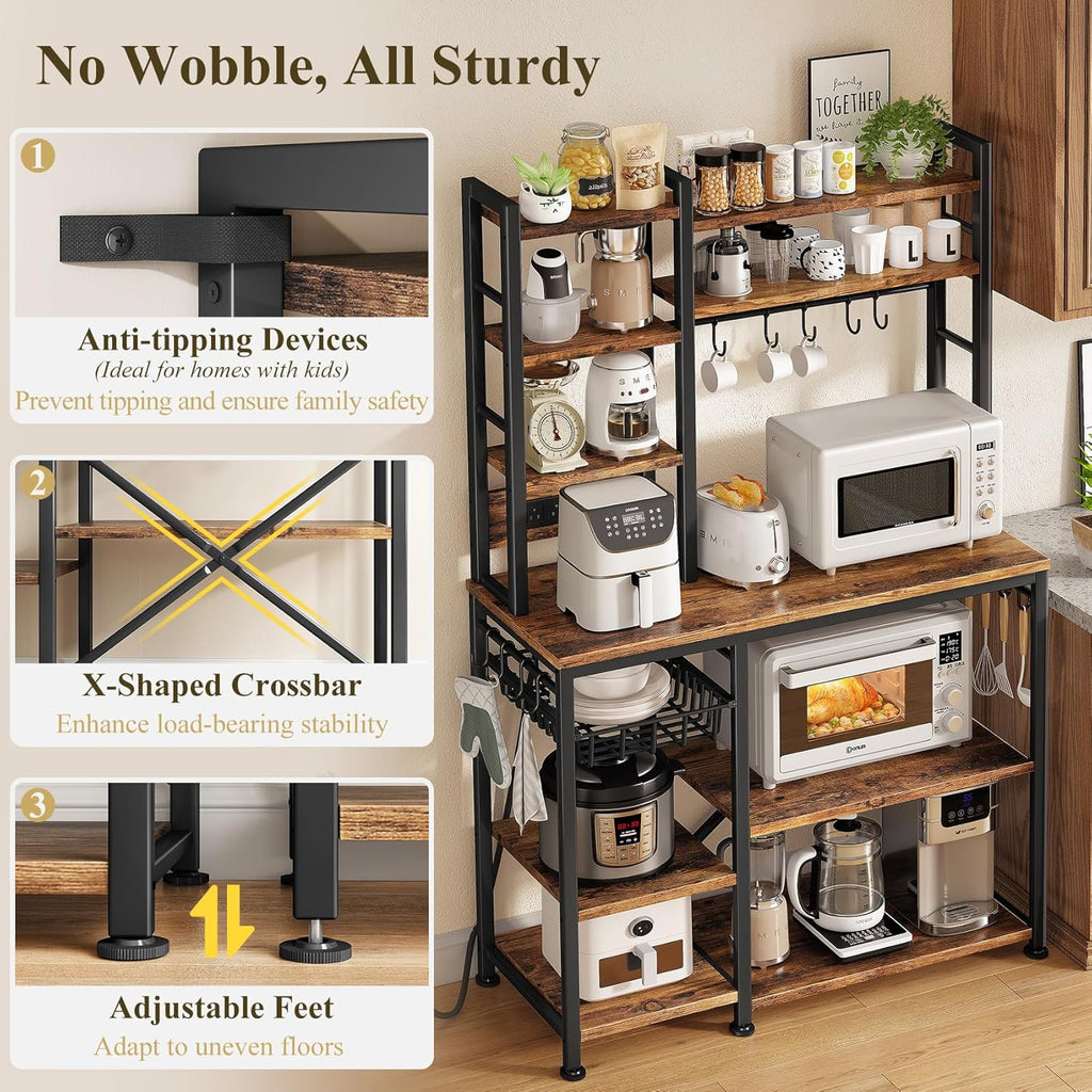 SNTD Baker Rack with Power Outlet - Microwave Stand with Storage, Large Coffee Bar Station with 14 Hooks, Metal Kitchen Shelf Rack for Spices, Pots (Rustic Brown) | with Power Outlet