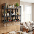HOOBRO Wall Mounted Wine Rack with LED Light, Wine Shelf with Glass Holder | 4 Tier Metal Hanging Wine Display Shelf, Liquor Bottle Display Rack, for Kitchen, Home Bar, Dining Room