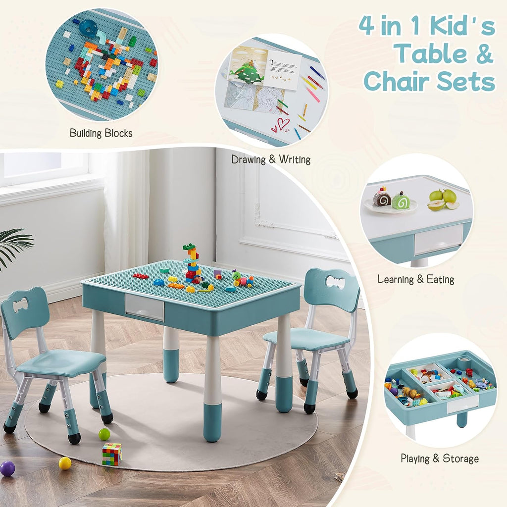 4 in 1 Kids Table and 2 Chairs Set, Toddler Table and Chair Set for Kids Ages 3-10, Activity Tables for Building Blocks/Drawing/Reading/Dining，Gift for Boy & Girl (Grayish Blue)