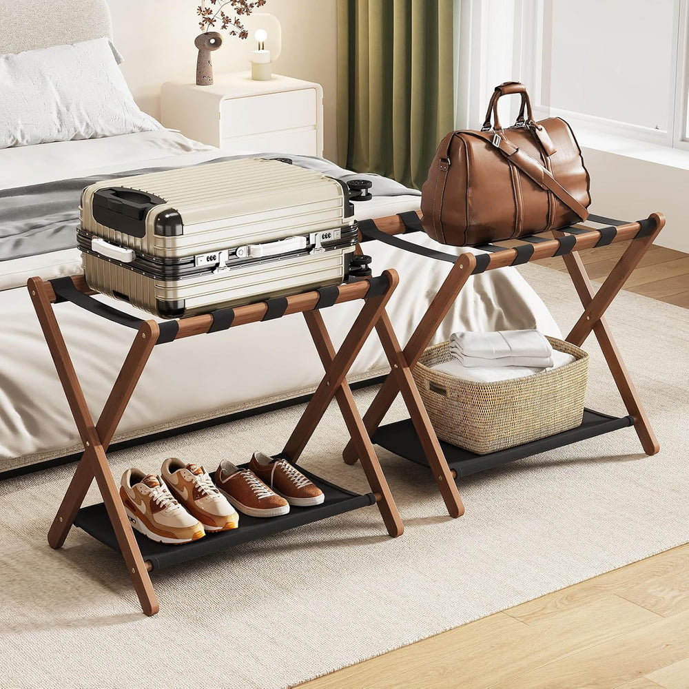 Fully Assembled Walnut Luggage Racks Set of 2, Bamboo 26.77" Luggage Rac...