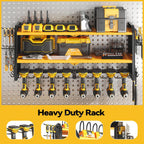 SOYEEZE Large Power Tool Organizer Wall Mount with Charging Station, 3 Layer Heavy Duty Metal Tool Storage Rack with 8 Drill Holder, Tool Holder Built in 8 Outlet Power Strip (Yellow)