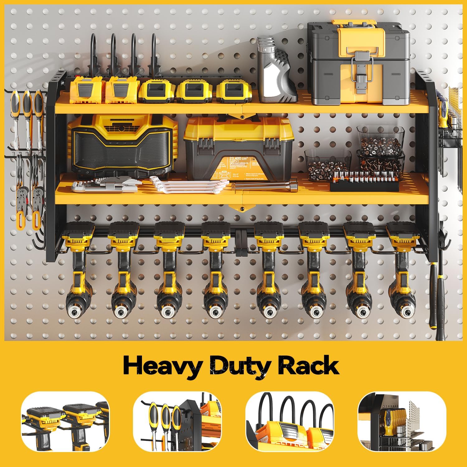 SOYEEZE Large Power Tool Organizer Wall Mount with Charging Station, 3 Layer Heavy Duty Metal Tool Storage Rack with 8 Drill Holder, Tool Holder Built in 8 Outlet Power Strip (Yellow)