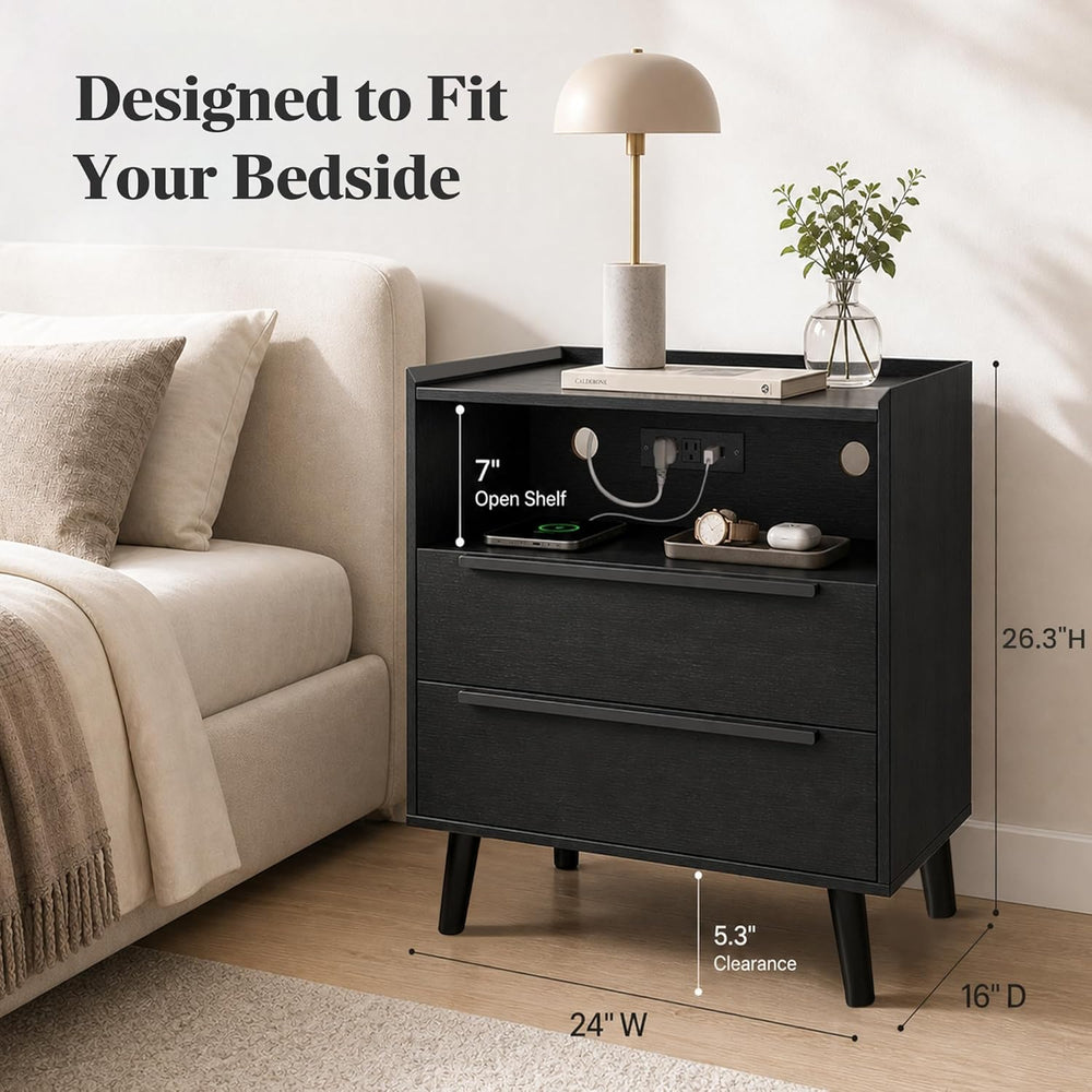 26 Inch Tall Black Oak Nightstands Set of 2 with Charging Station | Matching ...