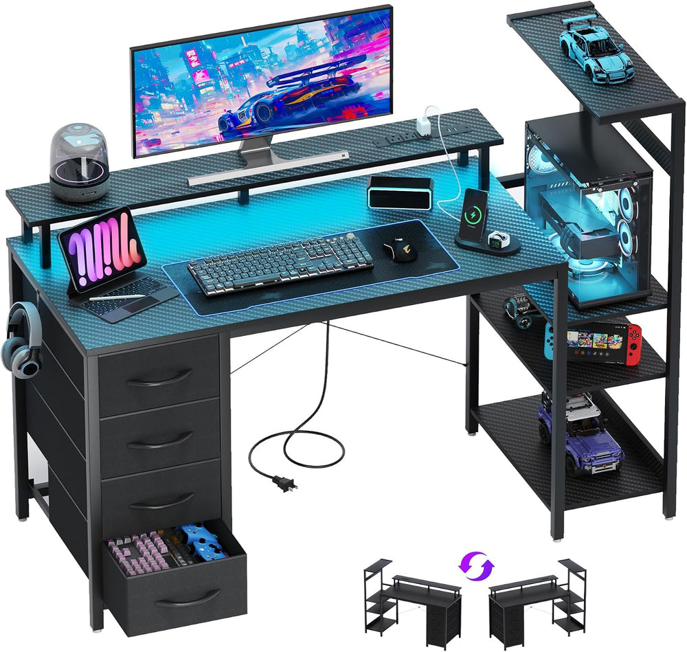 51 Inch Gaming Desk with Drawers & PC Tower Stand & LED Lights, Black