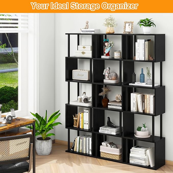 IBUYKE 6-Tier Tall Bookshelf,S-Shaped Geometric Bookcase, Wood Display Shelve...