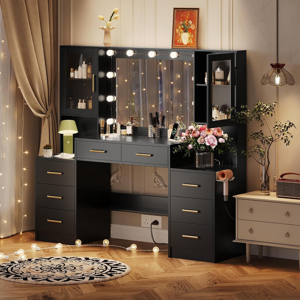 Makeup Vanity Desk with Mirror and Lights, 58.3" Makeup Vanity with Ligh...