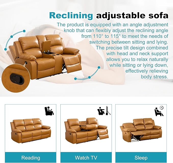 Recliner Sofa Set Couches for Living Room Chair Semi PU Fabric Living Room Furniture Sets, Adjusted Loveseat Reclining Couch Furniture Sofa Set for Theater Seating, 3-Seater, Ginger