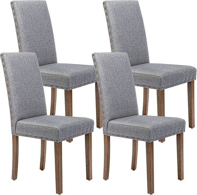 Upholstered Dining Chair Modern Stylish Parsons Kitchen Diner High Back with Bronze Nailhead Trim & Wood Legs, Set of 4, Grey