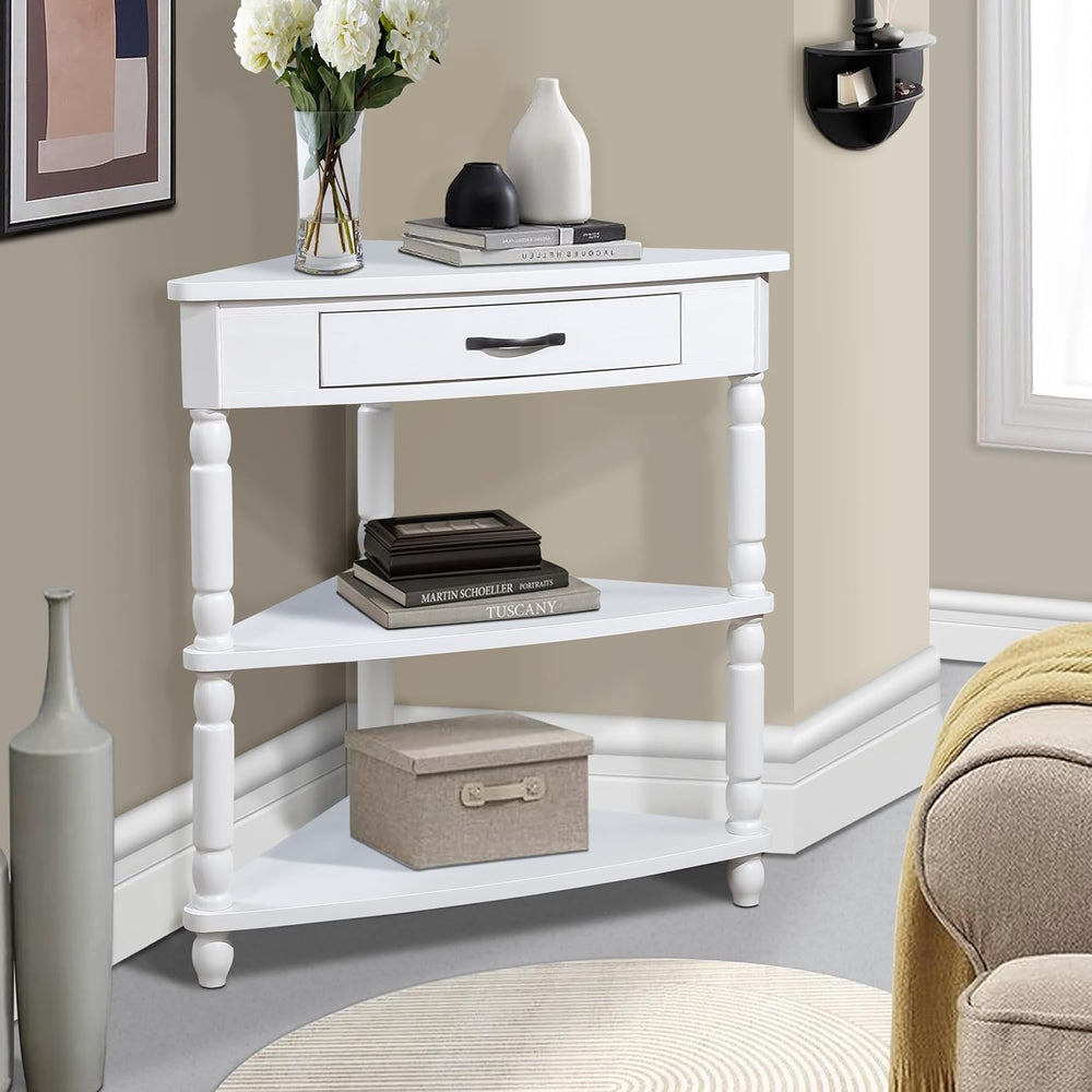 Small Triangle Corner Table Wood Corner Side Tables with Drawer & 2 Open ...
