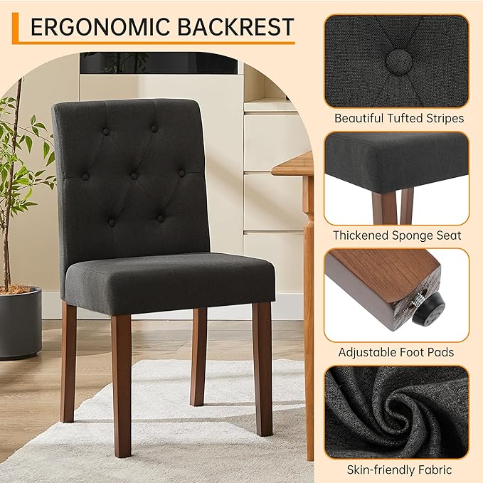 Upholstered Dining Chairs Set of 6, Button Tufted Parsons Chairs with Wood Legs and Padded Seat, Modern Fabric Side Chairs for Dining Room Kitchen Farmhouse Hotel, Black