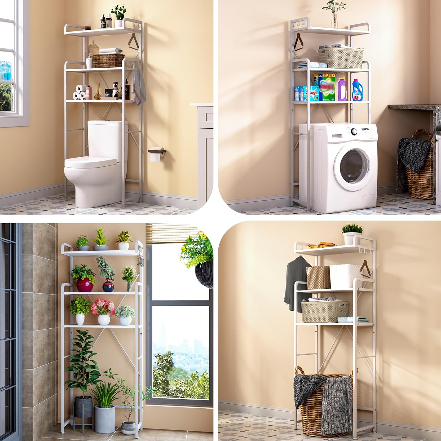 Over The Toilet Storage Rack with 3-Tier Bathroom Shelves, Space Saver Toilet Shelf, Bathroom Storage Organizer with Hooks for Over Toilet Storage and Shelf (White)