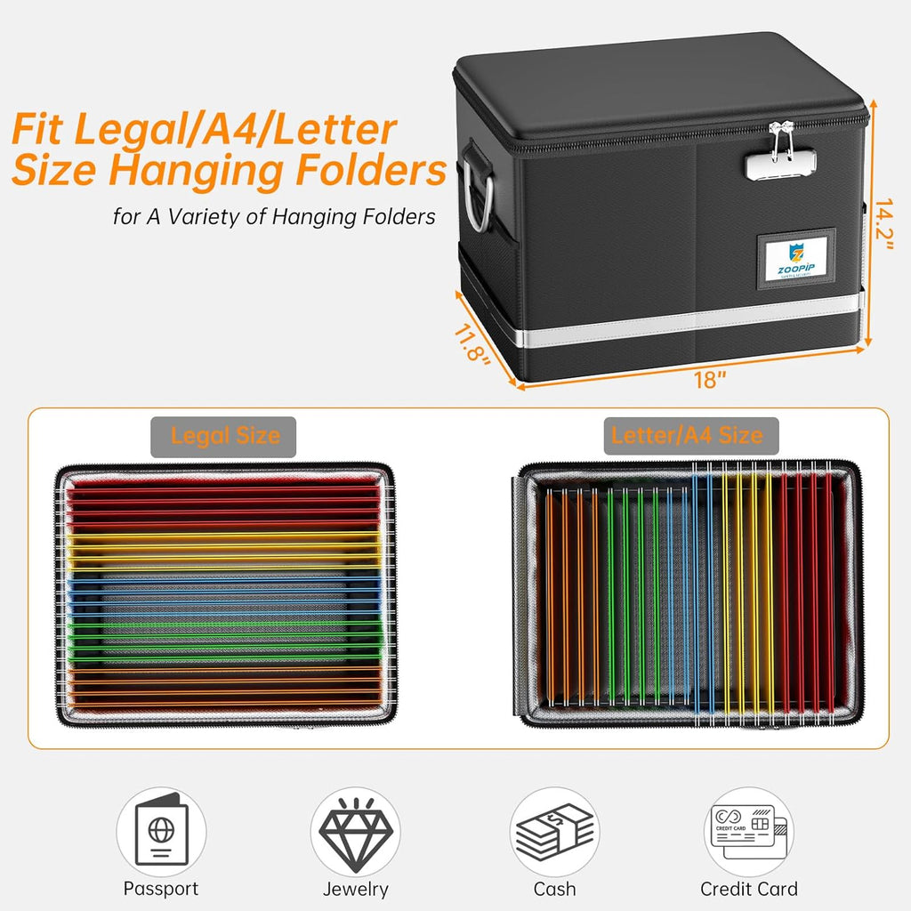Fireproof Document Box,5200°F File Organizer Box with Lock,Foldable Filing Organizer Cabinet, Portable Safe Storage for Hanging Letter/Legal Folder,Black