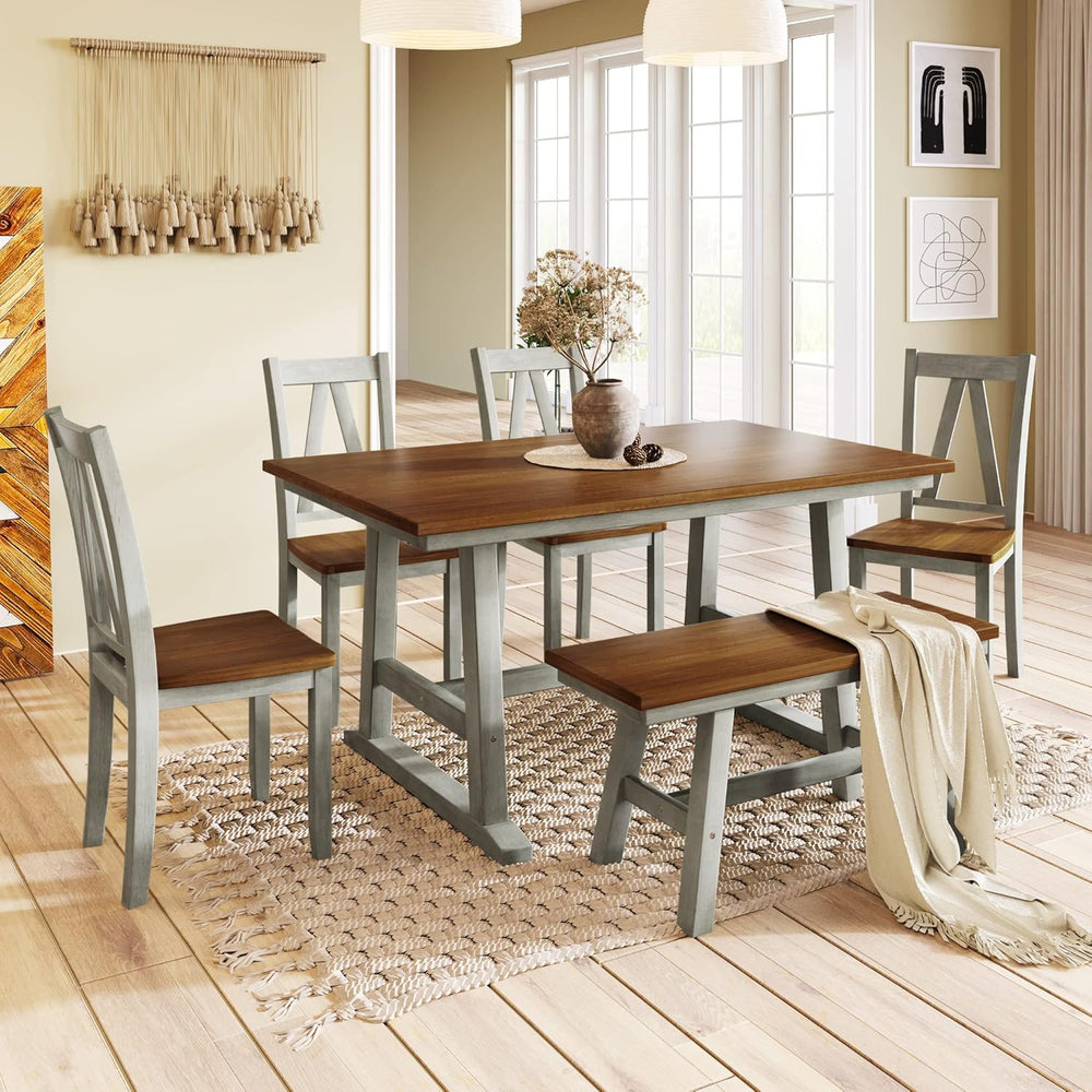 6-Piece Dining Table Set, 4 Chairs + Long Bench, Farmhouse, Gray