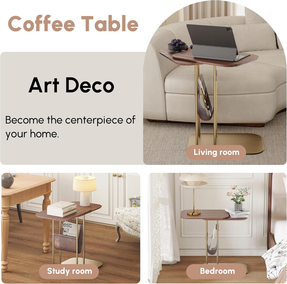 LOVEDIMA C-Shaped Walnut & Gold Rotating Side Table with Storage - 360° S...