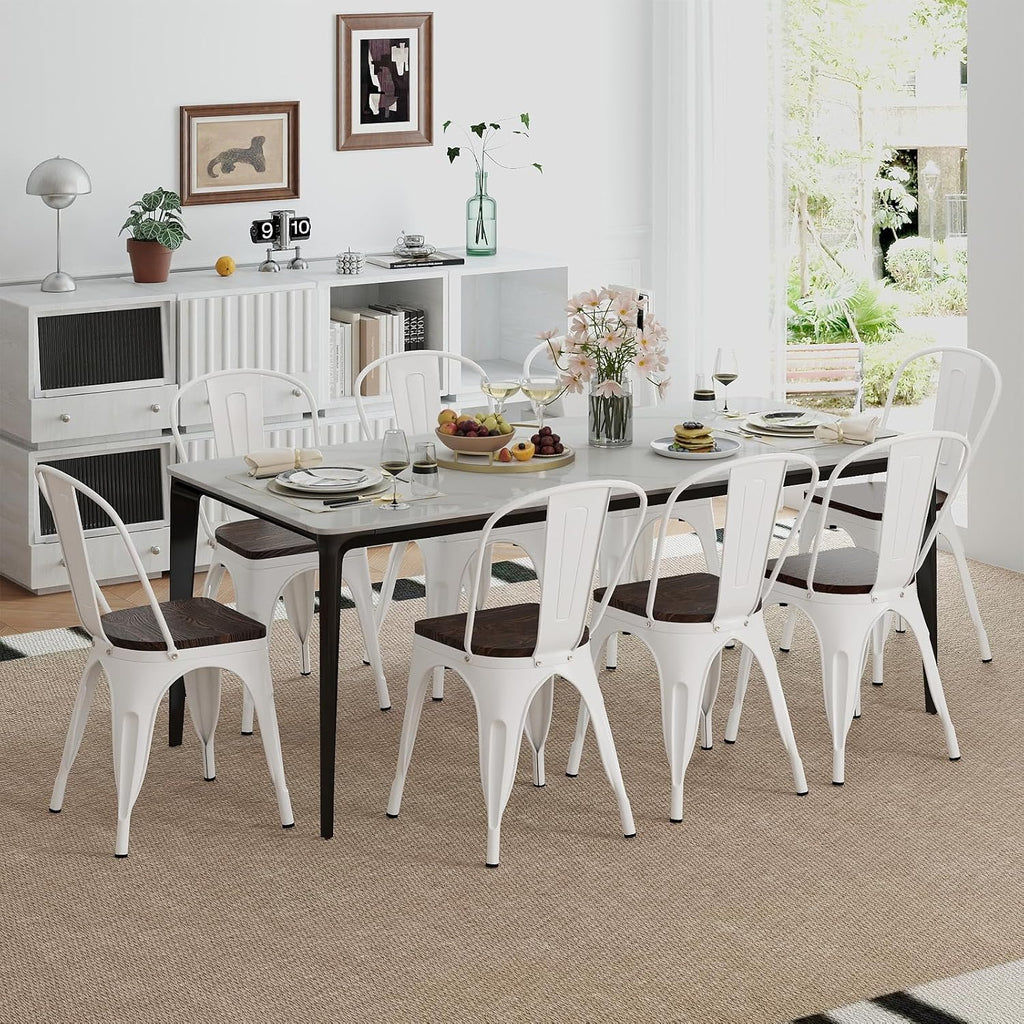 COSTWAY Stackable Metal Dining Chairs Set of 4 with Wood Seat and High Back | White, Industrial Vintage Style, Elm Wood Seat Board, 18 Inch, for Dining Room, Kitchen, Bar, Cafe, Bistro, Restaurant