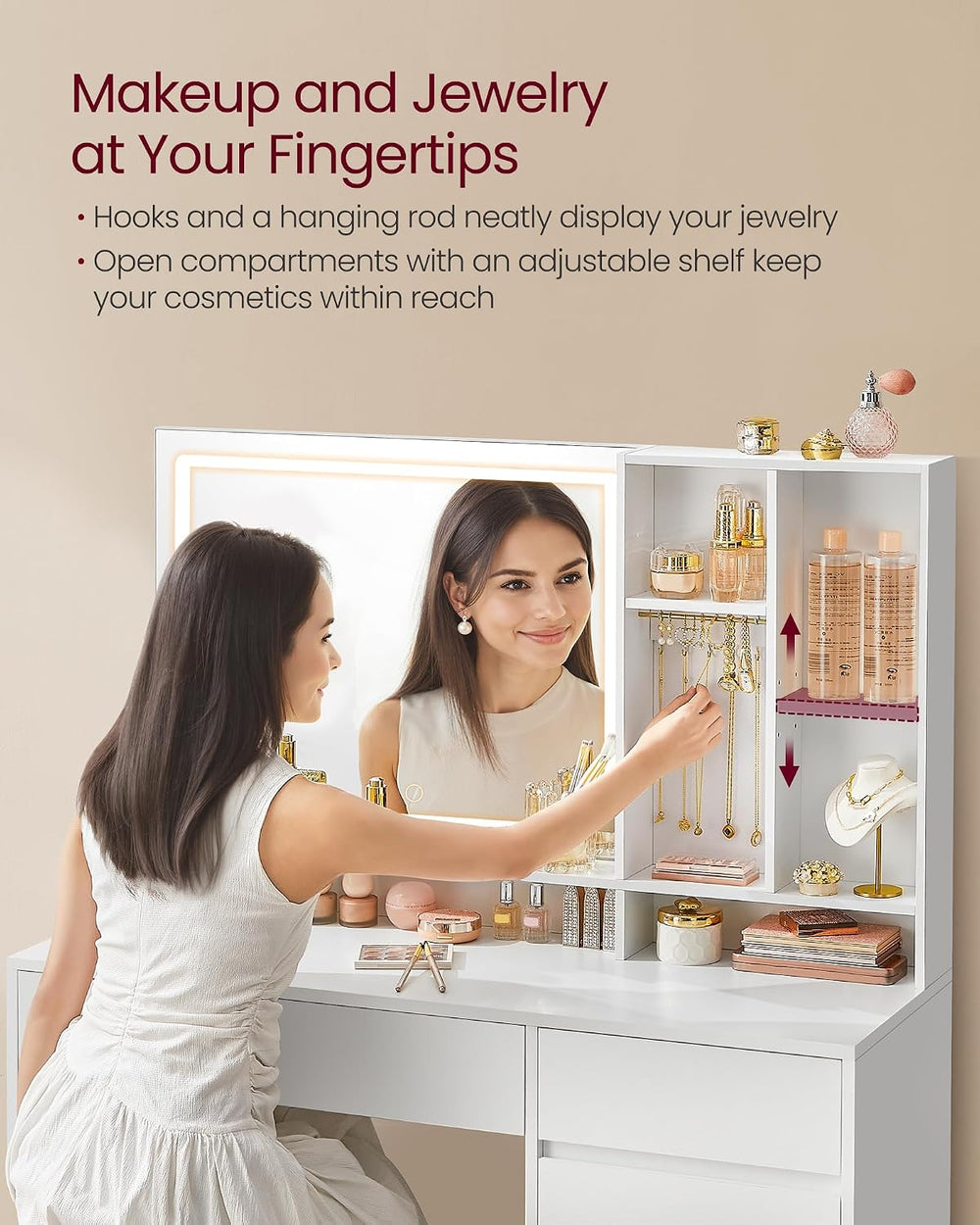 VASAGLE KAILYN Collection - 43.3-Inch Vanity Desk with Mirror and Lights, Pow...