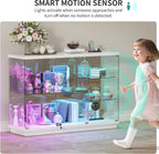 RGB Glass Display Cabinet - with Human Body Sensor, High Gloss Sideboard with Lock & Glass Shelves for Toys, Books, Collectibles, Liquor, Bookcase for Living Room, Kitchen, Study, White